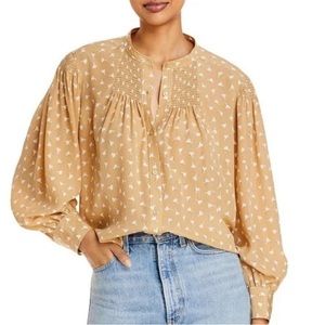 Rebecca Taylor Emmy silk smocked long sleeve blouse w/all over pattern, size XL